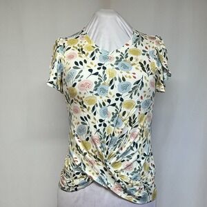 Addtoo Floral Twist Front Top Womens Small Short Sleeve Rayon Stretch Blouse NWT